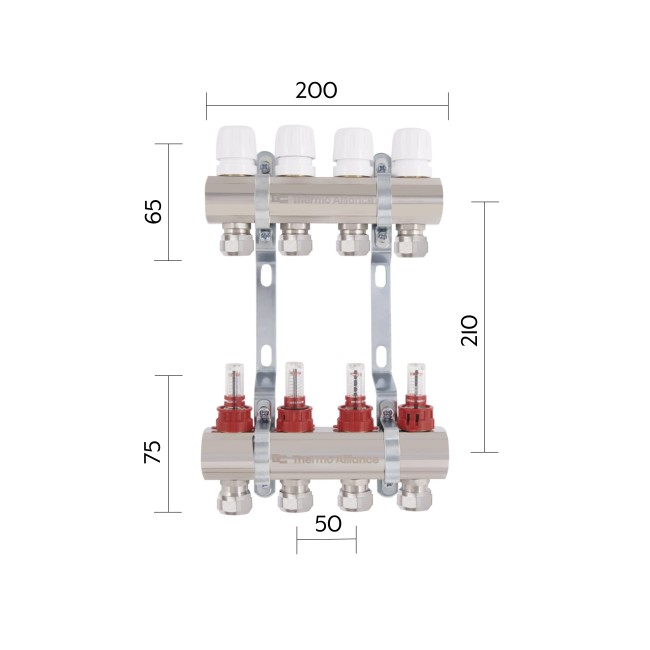 Коллектор латунный с расходомерами и евроконусами Thermo Alliance Standart 1" на 4 выхода TAS235W4E