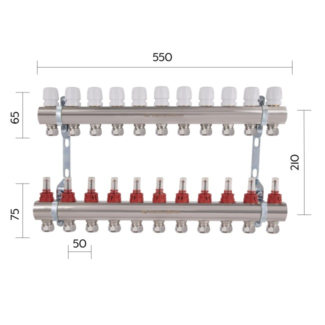 Коллектор латунный с расходомерами и евроконусами Thermo Alliance Standart 1" на 11 выходов TAS235W11E