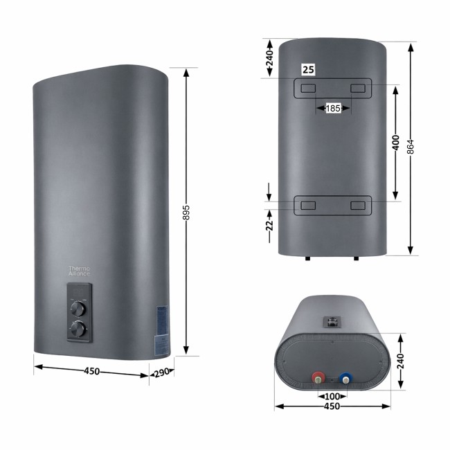 Водонагреватель электрический Thermo Alliance 50 л, Grey, плоский вертикальный, сухой ТЭН 2 кВт (0,8+1,2) DT50V20GPDD2G