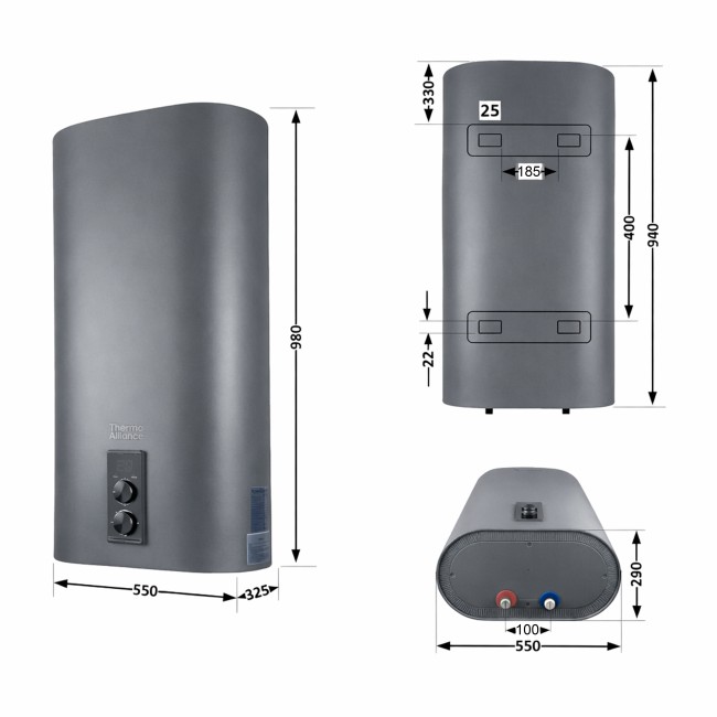 Водонагреватель электрический Thermo Alliance 80 л Grey,плоский вертикальный, мокрый ТЭН 2 кВт (0,8+1,2) DT80V20G(PD)/2G