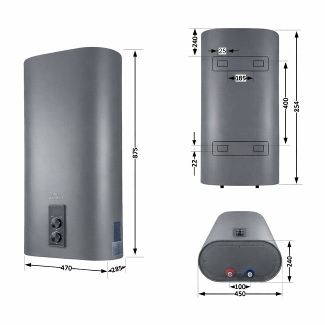 Водонагреватель электрический Thermo Alliance 50 л Grey, плоский вертикальный, мокрый ТЭН 2 кВт (0,8+1,2) DT50V20G(PD)/2G