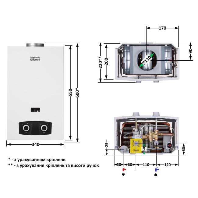 Колонка газовая дымоходная Thermo Alliance JSD20-10YD PIEZO 10 л