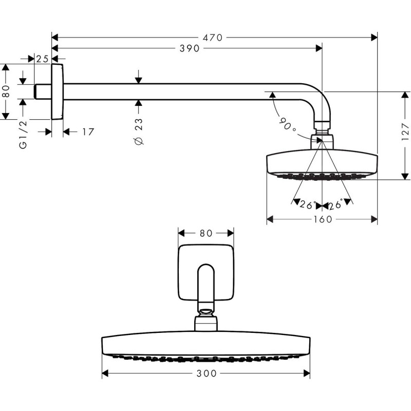 Верхній душ hansgrohe Raindance Select E 300 2jet EcoSmart з кронштейном 26609000 хром