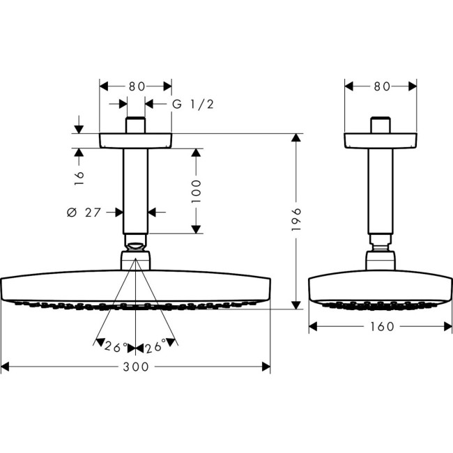 Верхній душ hansgrohe Raindance Select E 300 2jet EcoSmart зі стельовим кріпленням 26608000 хром